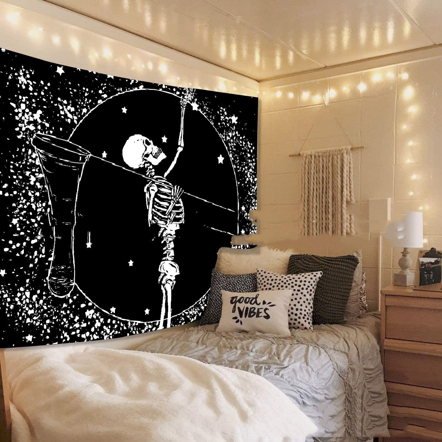 Boho Hippie Black Skull Print Tapestry