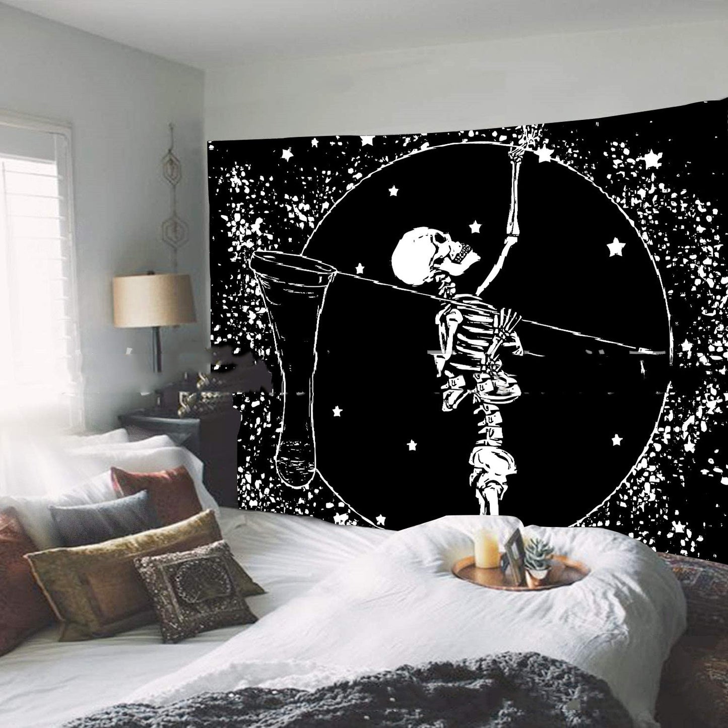 Boho Hippie Black Skull Print Tapestry