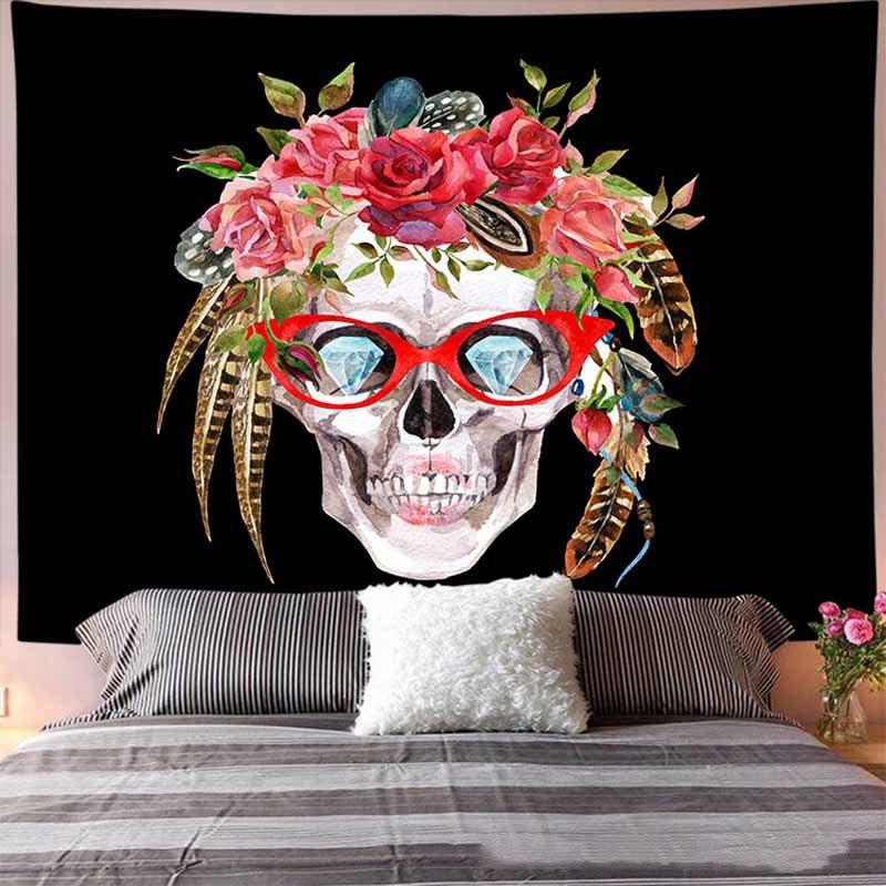 Crossbones Boho Floral Hippie Tapestry