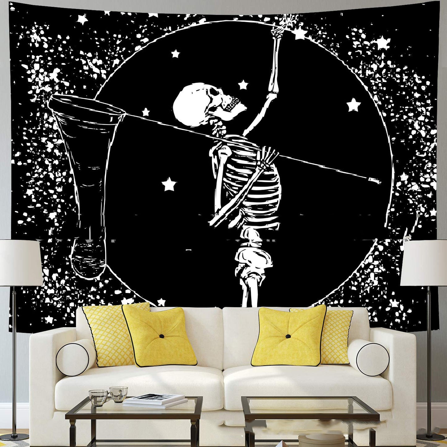 Boho Hippie Black Skull Print Tapestry