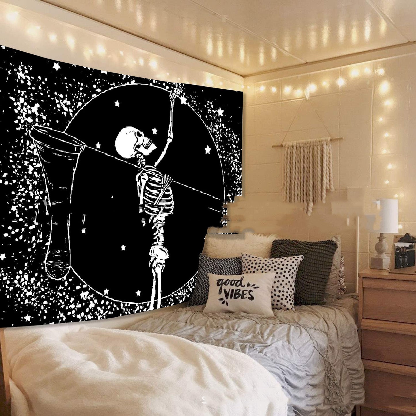 Boho Hippie Black Skull Print Tapestry