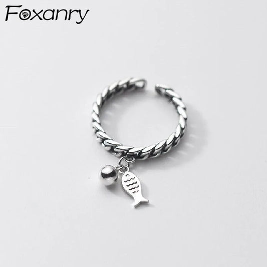 FOXANRY Silver Color Rings for Women Fashion Vintage Hollow Chain Design Fish Pendant Thai Silver Jewelry Birthday Gifts