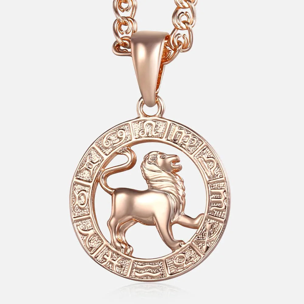 Women's Zodiac Sign Pendant 12 Constellation Charm 585 Rose Gold Color Necklace Aries Leo Scorpio 3mm Snail Jewelry GP278