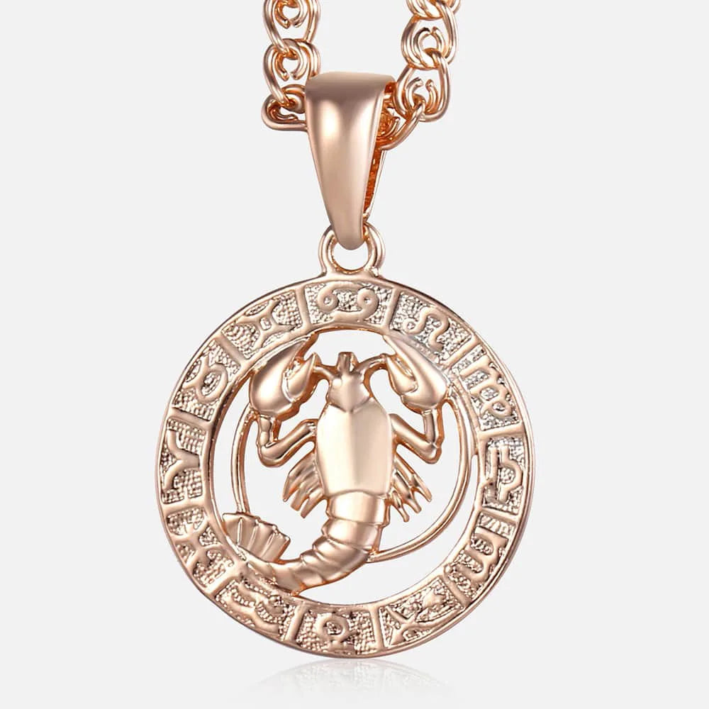 Women's Zodiac Sign Pendant 12 Constellation Charm 585 Rose Gold Color Necklace Aries Leo Scorpio 3mm Snail Jewelry GP278