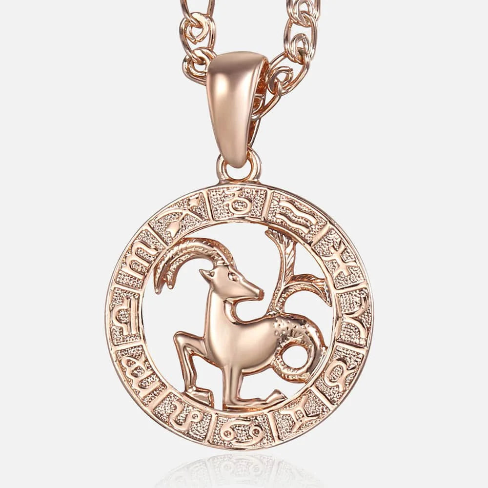 Women's Zodiac Sign Pendant 12 Constellation Charm 585 Rose Gold Color Necklace Aries Leo Scorpio 3mm Snail Jewelry GP278