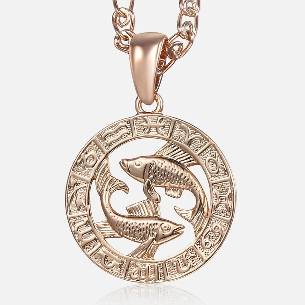 Women's Zodiac Sign Pendant 12 Constellation Charm 585 Rose Gold Color Necklace Aries Leo Scorpio 3mm Snail Jewelry GP278