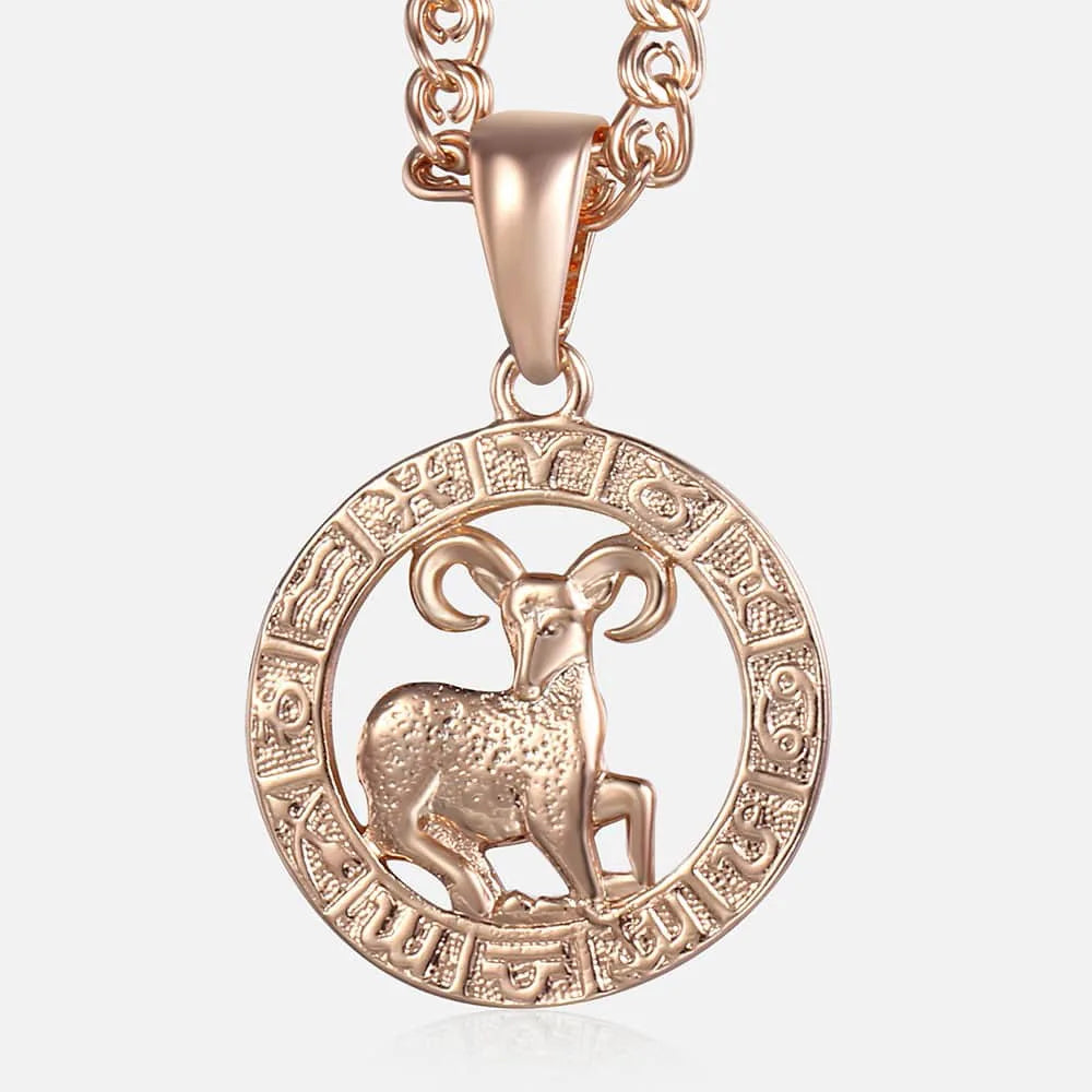 Women's Zodiac Sign Pendant 12 Constellation Charm 585 Rose Gold Color Necklace Aries Leo Scorpio 3mm Snail Jewelry GP278