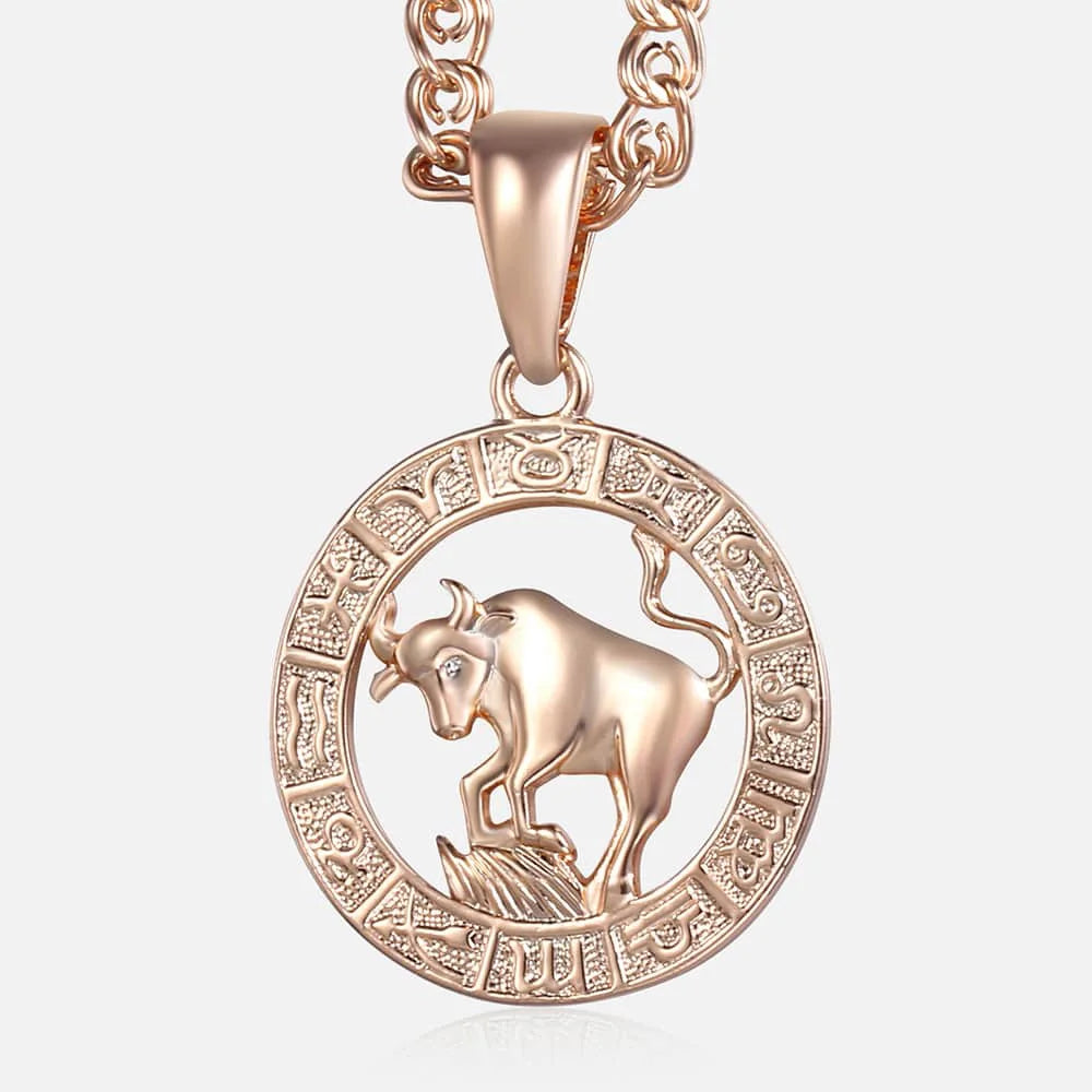 Women's Zodiac Sign Pendant 12 Constellation Charm 585 Rose Gold Color Necklace Aries Leo Scorpio 3mm Snail Jewelry GP278