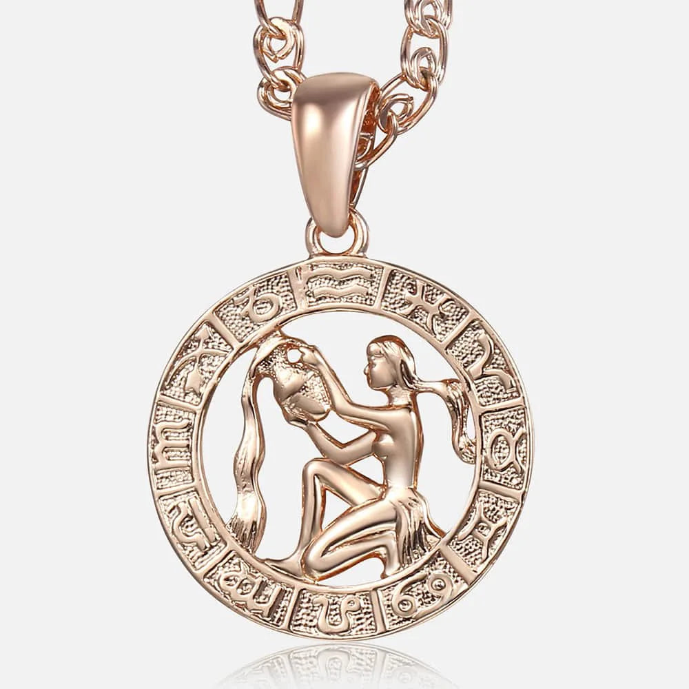 Women's Zodiac Sign Pendant 12 Constellation Charm 585 Rose Gold Color Necklace Aries Leo Scorpio 3mm Snail Jewelry GP278