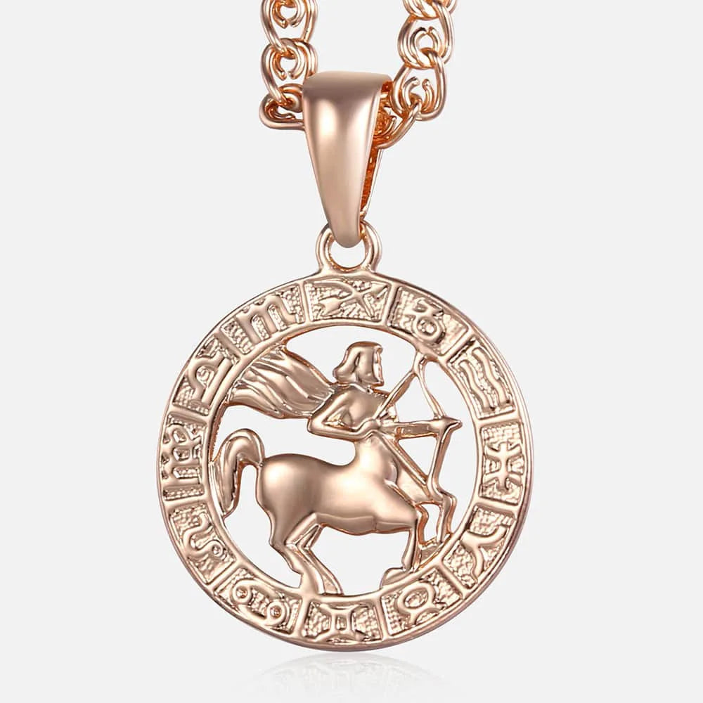 Women's Zodiac Sign Pendant 12 Constellation Charm 585 Rose Gold Color Necklace Aries Leo Scorpio 3mm Snail Jewelry GP278