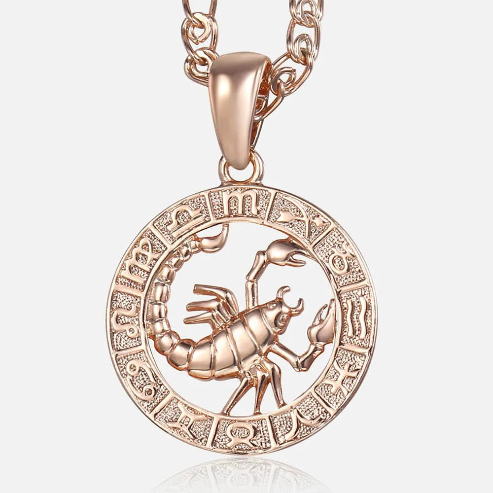 Women's Zodiac Sign Pendant 12 Constellation Charm 585 Rose Gold Color Necklace Aries Leo Scorpio 3mm Snail Jewelry GP278