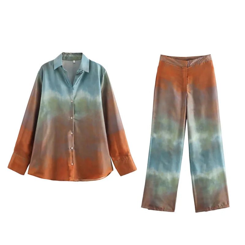 Tie Dye Gradient Print Loose Shirts Top Wide Leg Pants Sets New Autumn Button Blouse Long Trouser Satin Vintage Chic Women Suit