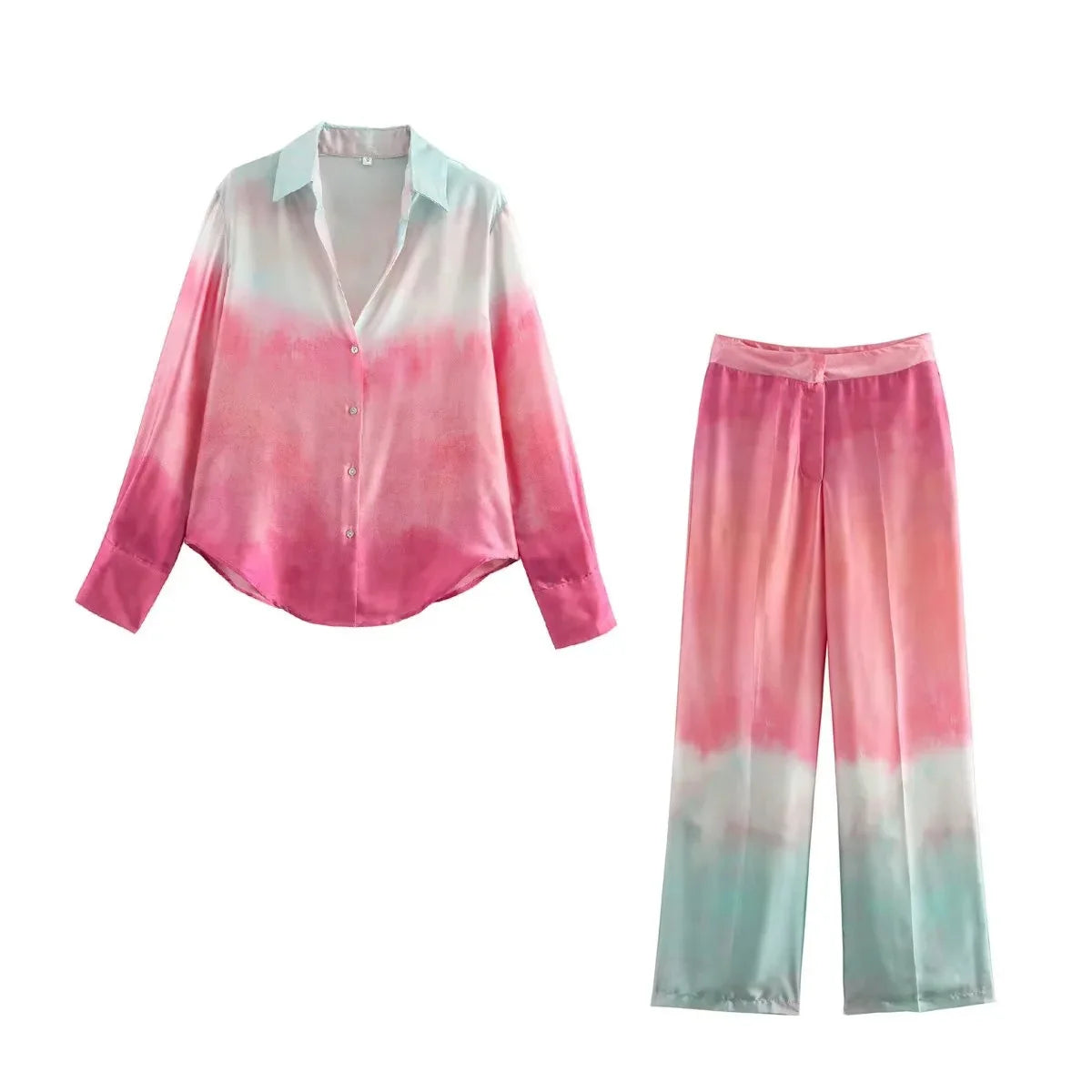 Tie Dye Gradient Print Loose Shirts Top Wide Leg Pants Sets New Autumn Button Blouse Long Trouser Satin Vintage Chic Women Suit