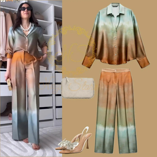 Tie Dye Gradient Print Loose Shirts Top Wide Leg Pants Sets New Autumn Button Blouse Long Trouser Satin Vintage Chic Women Suit