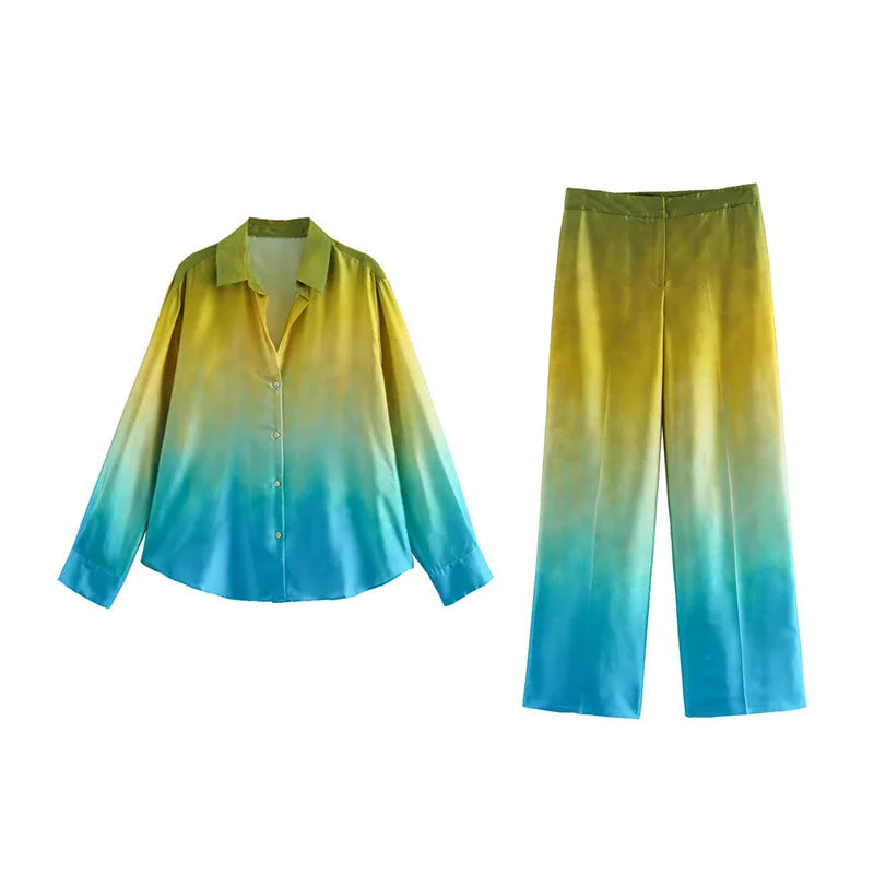 Tie Dye Gradient Print Loose Shirts Top Wide Leg Pants Sets New Autumn Button Blouse Long Trouser Satin Vintage Chic Women Suit